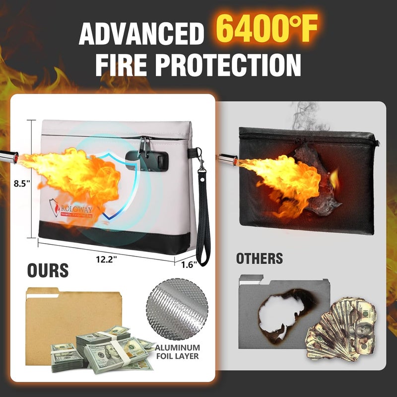 ROLOWAY Fireproof Money Bag with Lock for Cash, 6400°F Fire Proof Document Bag (12.2 x 8.5 x1.6 inches), Money Pouch with Zipper (Gray) - Image 4